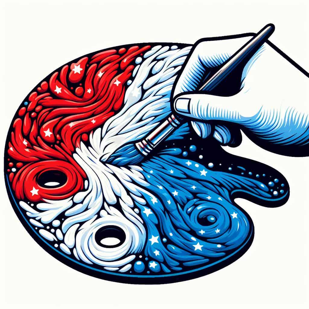 image of three separate paint colors - red, white, and blue - being mixed together on a palette. The colors should blend together to create a new, blended color