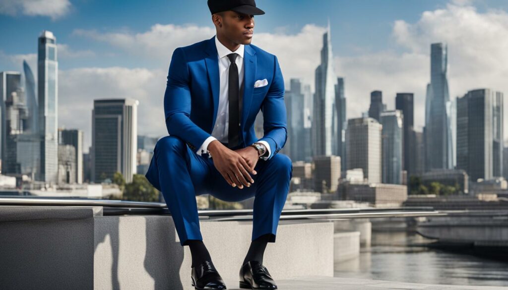 blue suit with black cap-toe shoes