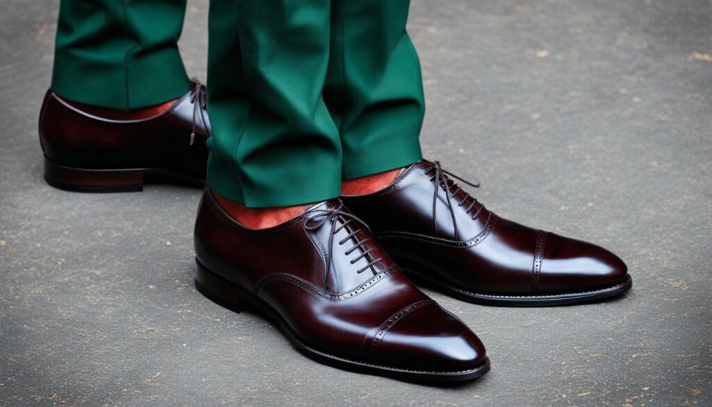 dark brown shoes with green pants